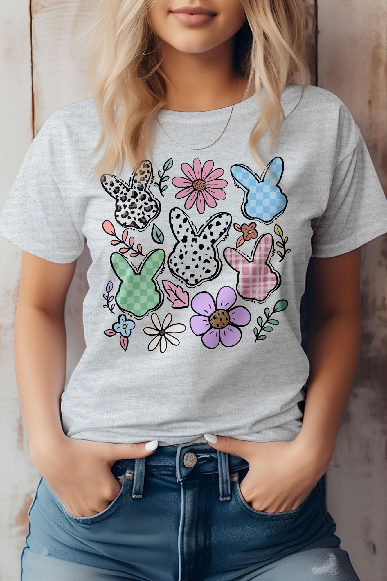 Boho Easter Bunny Cute Flowers Retro Graphic Tee