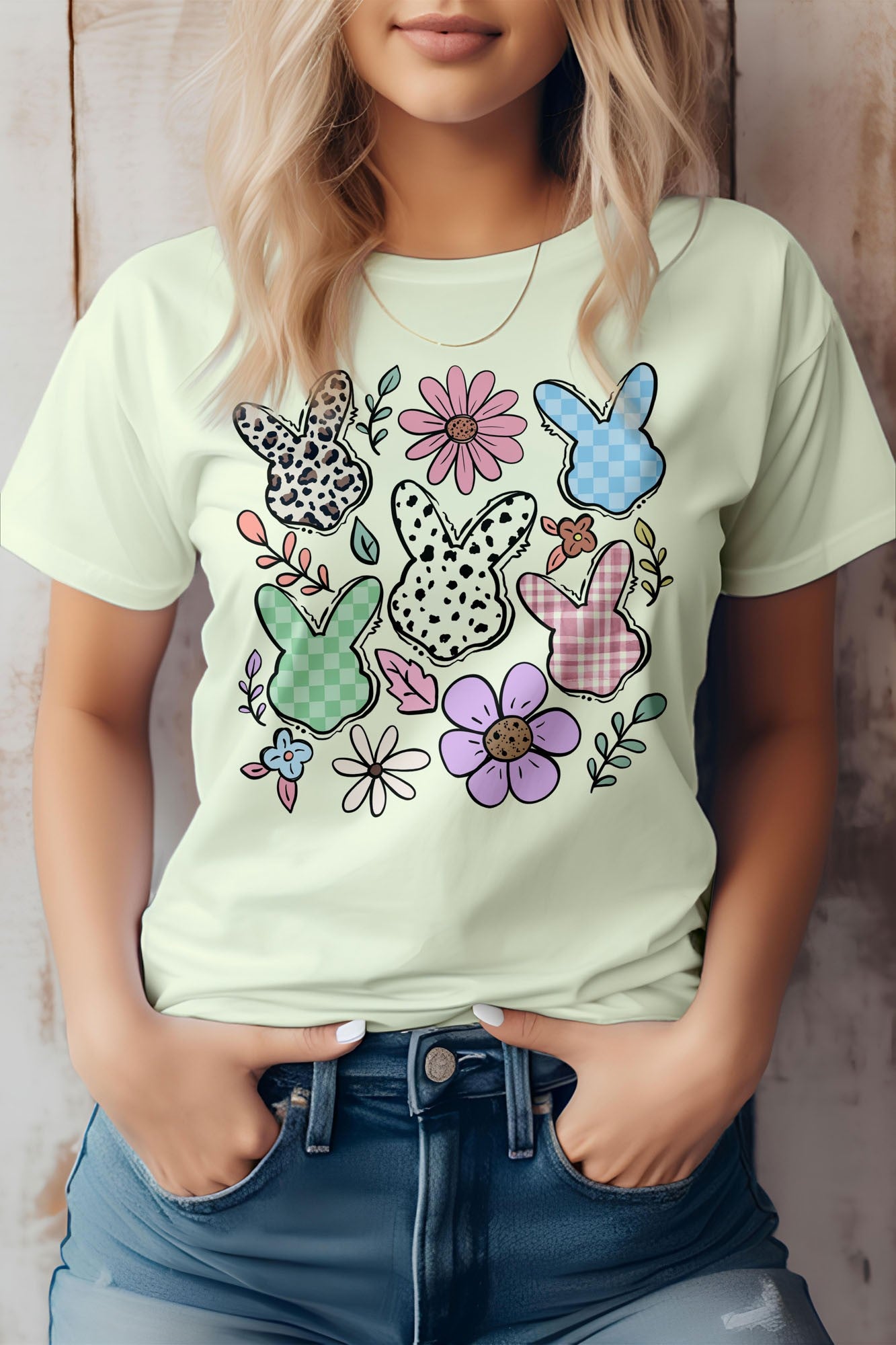 Boho Easter Bunny Cute Flowers Retro Graphic Tee