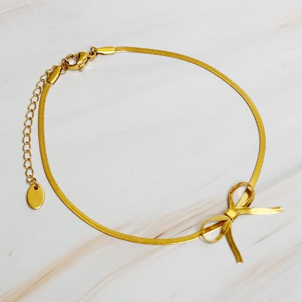 Herringbone Chain Bow Anklet 18K Gold Plated