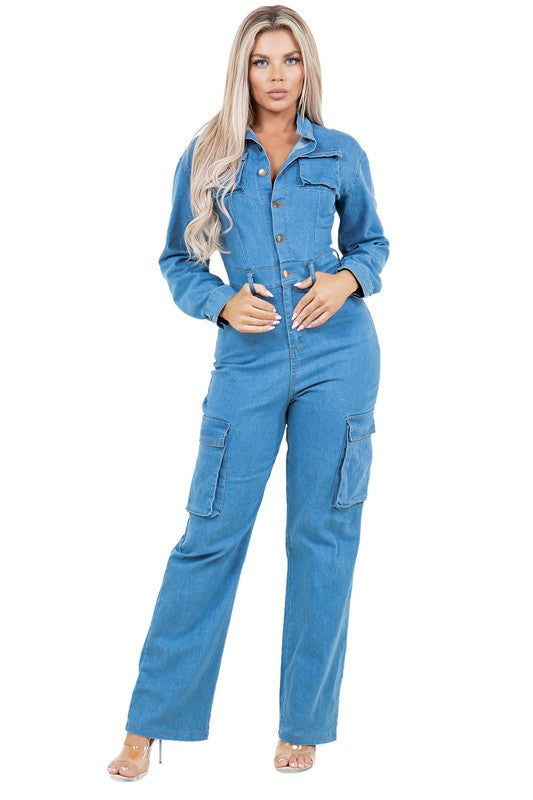 Women's Blue Denim Cargo Jumpsuit with Wide-Leg Pants