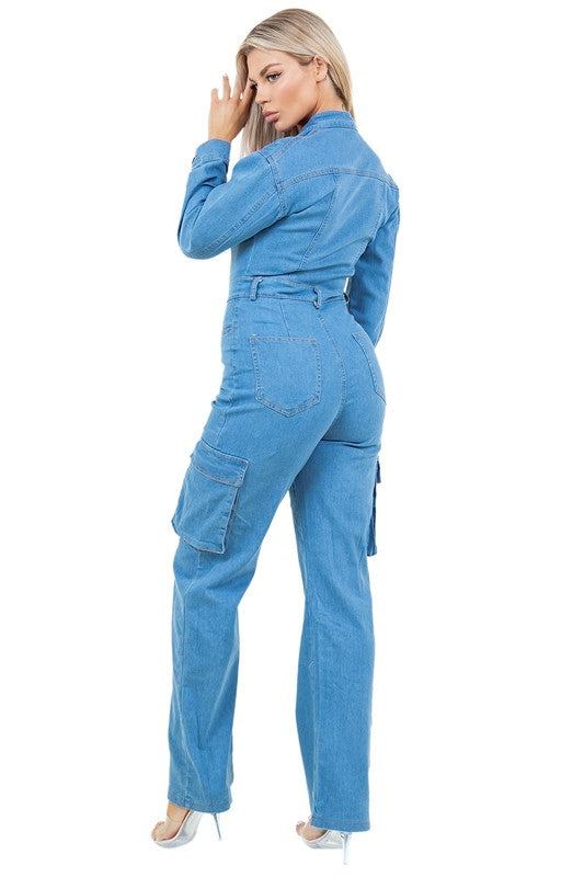 Women's Blue Denim Cargo Jumpsuit with Wide-Leg Pants