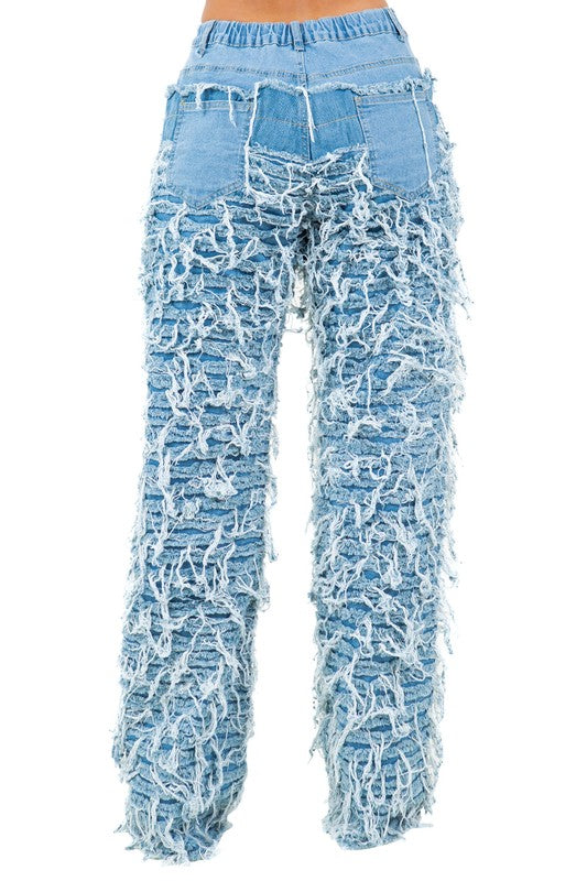 Highly Distressed Light Blue Textured Jeans