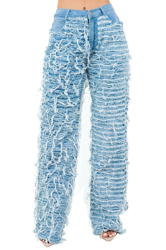 Highly Distressed Light Blue Textured Jeans