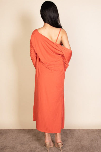 Ribbed Cardigan & Cami Midi Bodycon Dress Set Capella