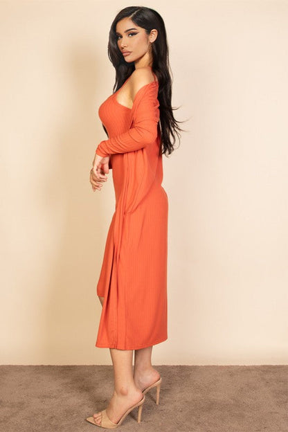 Ribbed Cardigan & Cami Midi Bodycon Dress Set Capella