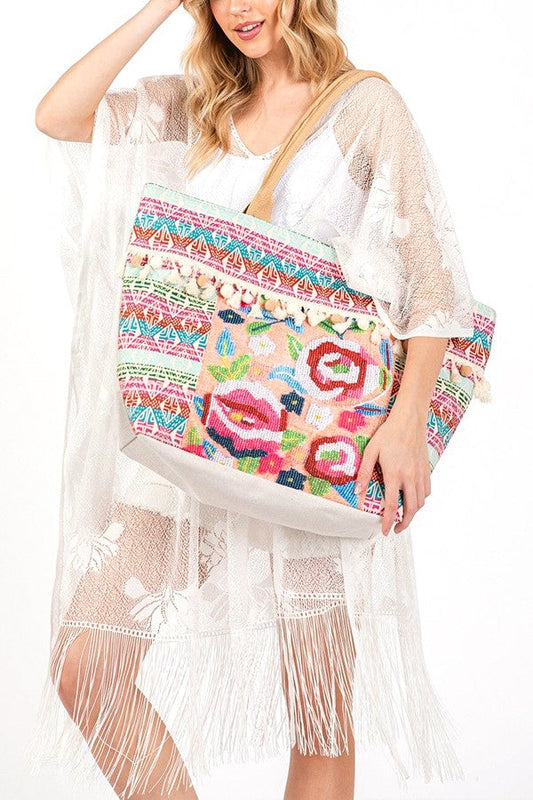 Spring Flower Beaded Embroidered Oversize Tote Bag  DAME BOHEME