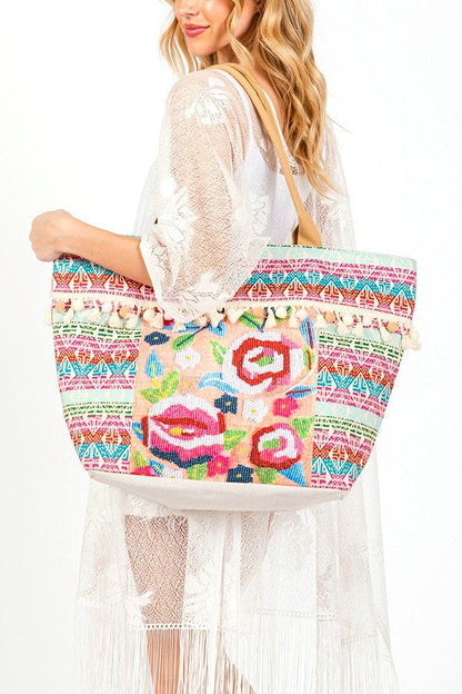 Spring Flower Beaded Embroidered Oversize Tote Bag  DAME BOHEME