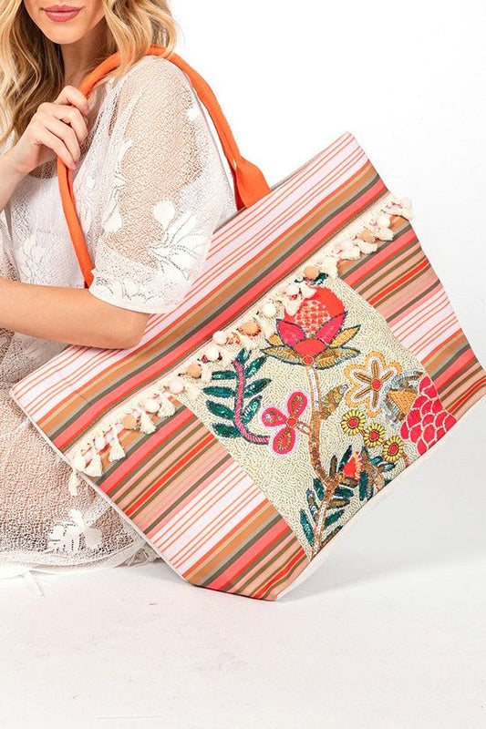 Boho Flower Beaded Embroidered Oversize Tote Bag  DAME BOHEME