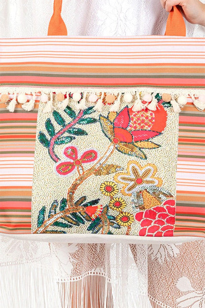 Boho Flower Beaded Embroidered Oversize Tote Bag  DAME BOHEME