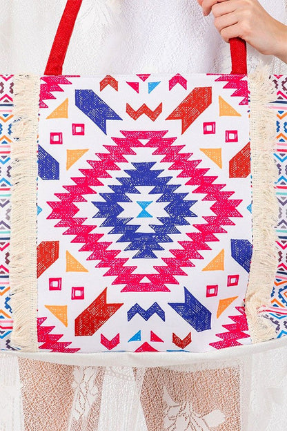 Aztec Printed Embroidered Oversize Tote Bag  DAME BOHEME