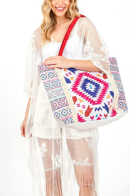 Aztec Printed Embroidered Oversize Tote Bag  DAME BOHEME