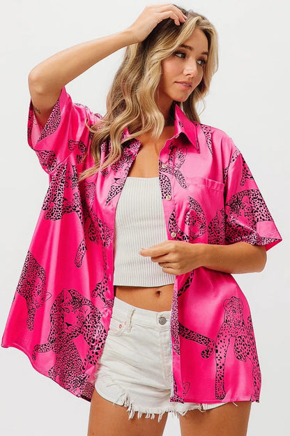 BiBi Leopard Print Short Sleeve Silky Satin Shirt Trendsi