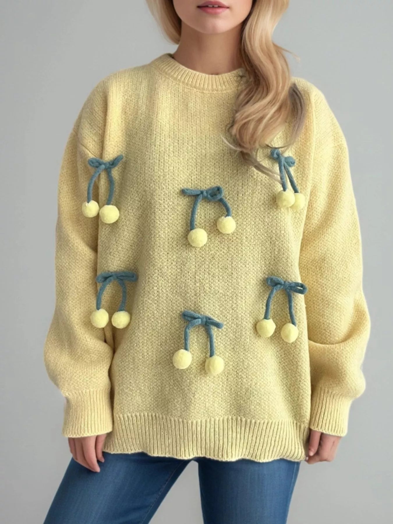 Cherry Pom-Pom Knit Round Neck Sweater  DAME BOHEME