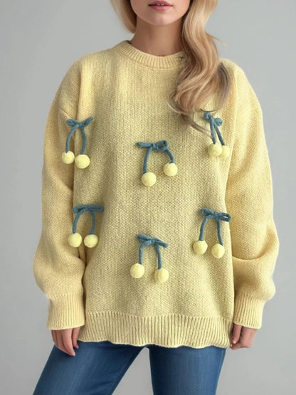 Cherry Pom-Pom Knit Round Neck Sweater  DAME BOHEME
