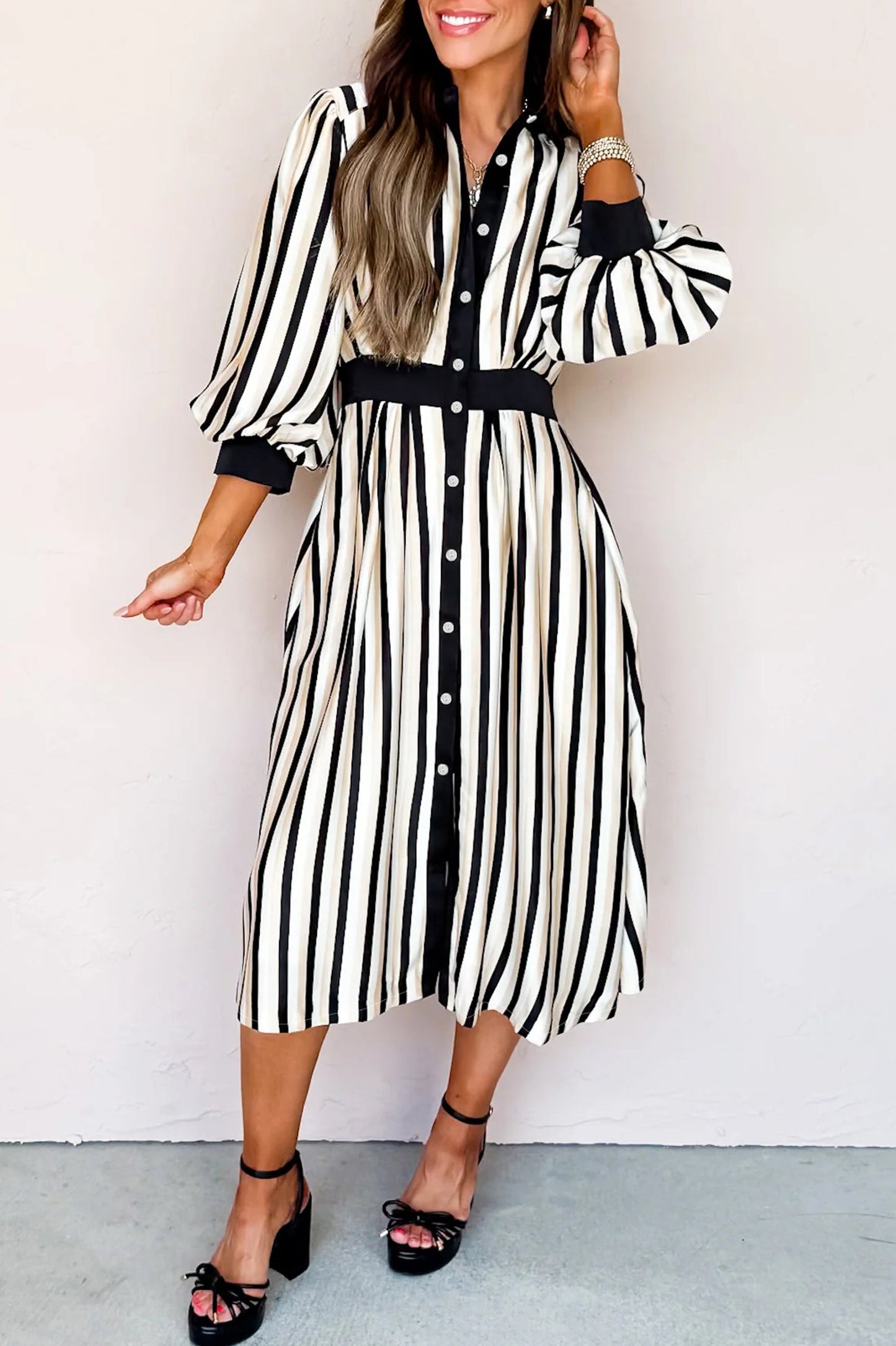 Black Stripe 3/4 Puff Sleeve Shirt Style Button Down Midi Dress  DAME BOHEME