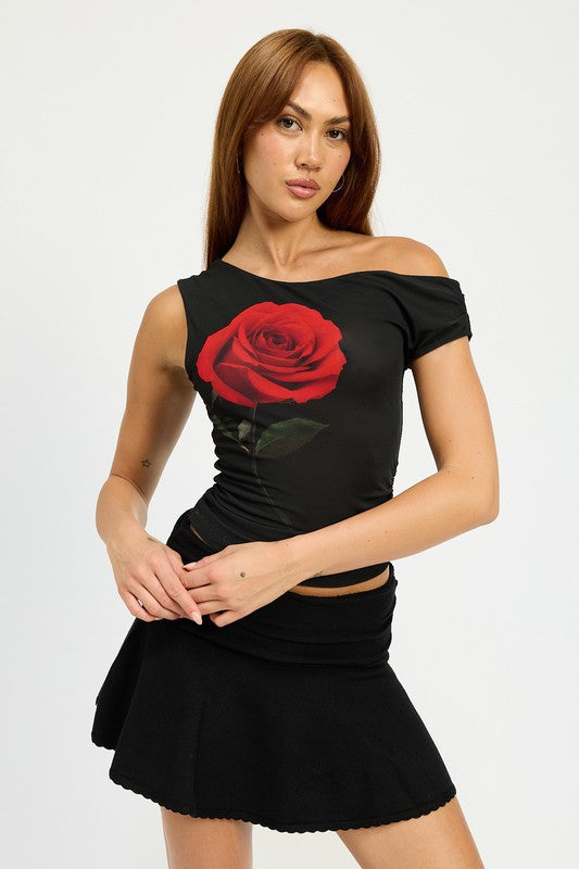 One Shoulder Asymmetrical Rose Print Top