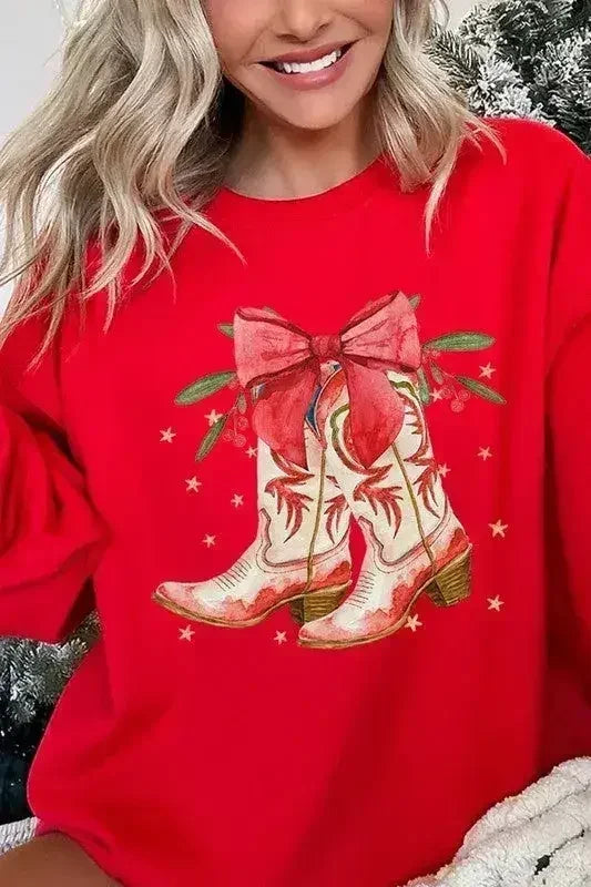 Christmas Cowgirl Boots Graphic Fleece Sweatshirts  DAME BOHEME