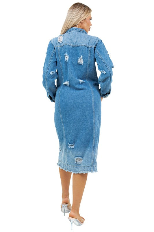 Knee-Length Light-Wash Distressed Denim Dress