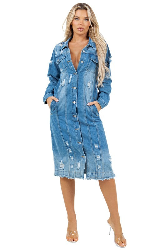 Knee-Length Light-Wash Distressed Denim Dress