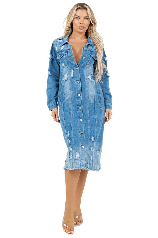 Knee-Length Light-Wash Distressed Denim Dress