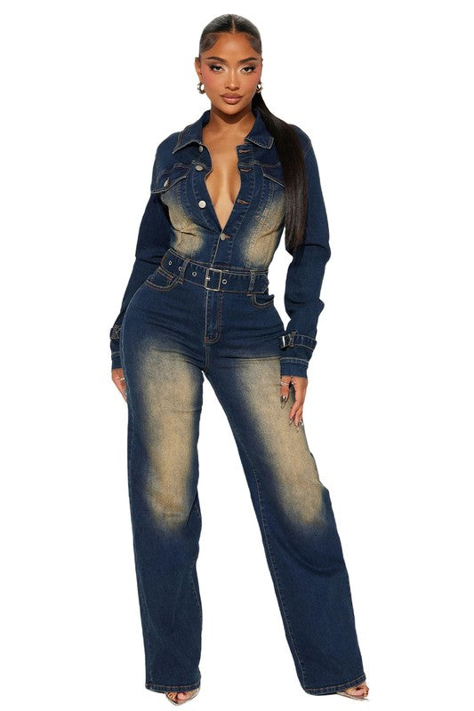 Belted Wide-Leg Navy Denim Jumpsuit