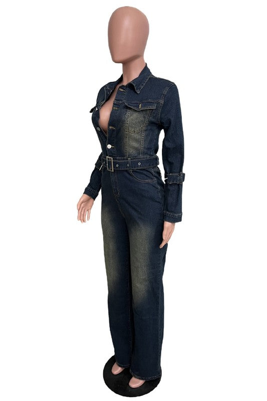 Belted Wide-Leg Navy Denim Jumpsuit