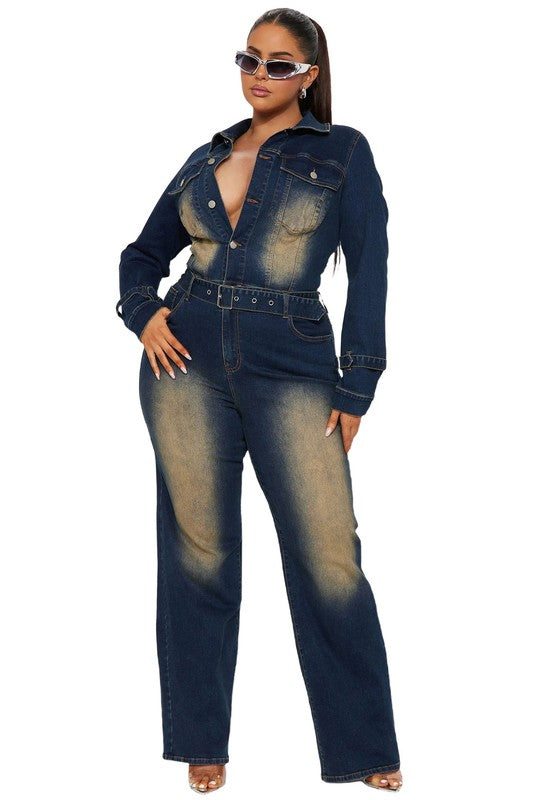 Belted Wide-Leg Navy Denim Jumpsuit