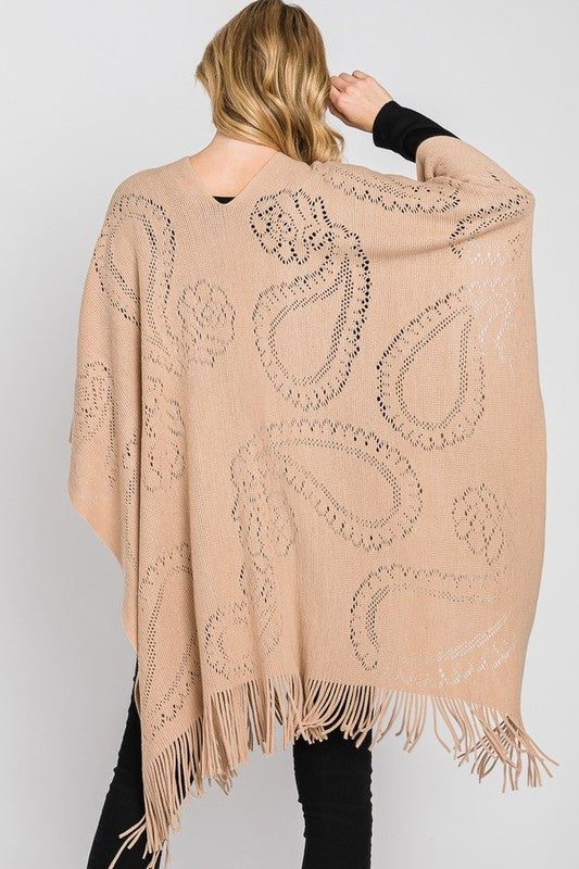Paisley Pattern Perforated Long Knit Poncho Artini Accessories