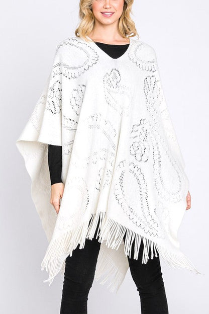 Paisley Pattern Perforated Long Knit Poncho Artini Accessories