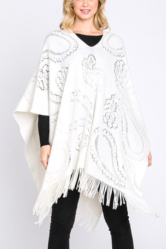 Paisley Pattern Perforated Long Knit Poncho