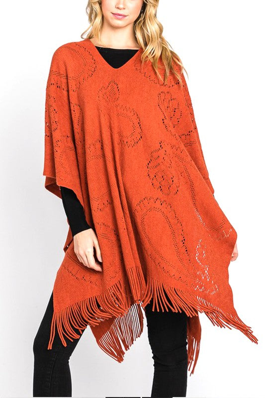 Paisley Pattern Perforated Long Knit Poncho Artini Accessories