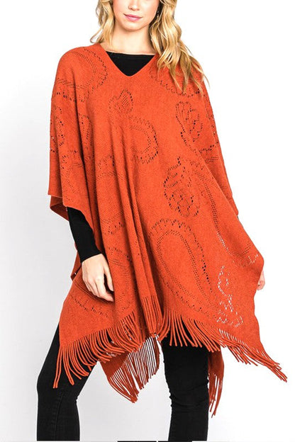 Paisley Pattern Perforated Long Knit Poncho Artini Accessories