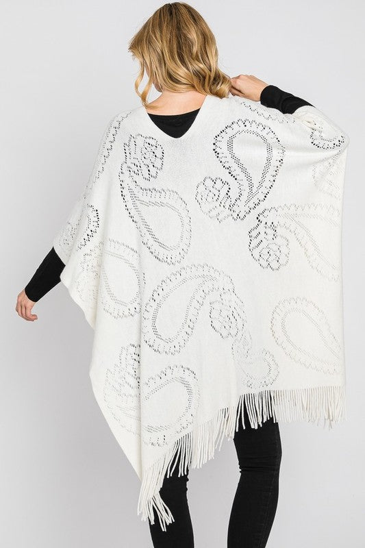 Paisley Pattern Perforated Long Knit Poncho Artini Accessories