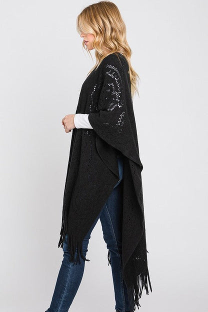 Paisley Pattern Perforated Long Knit Poncho Artini Accessories