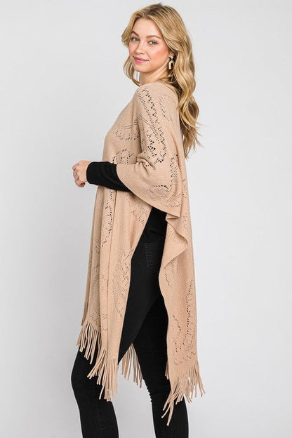 Paisley Pattern Perforated Long Knit Poncho Artini Accessories