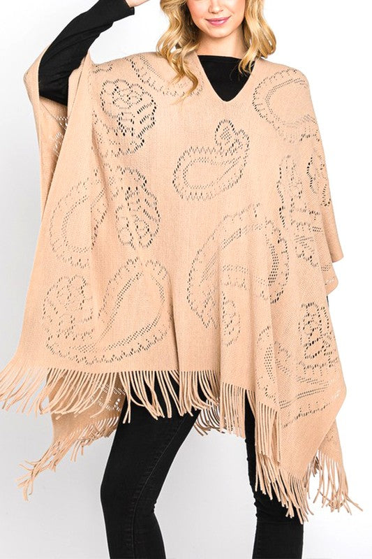 Paisley Pattern Perforated Long Knit Poncho Artini Accessories