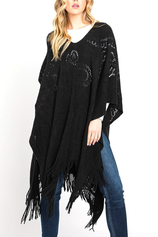 Paisley Pattern Perforated Long Knit Poncho