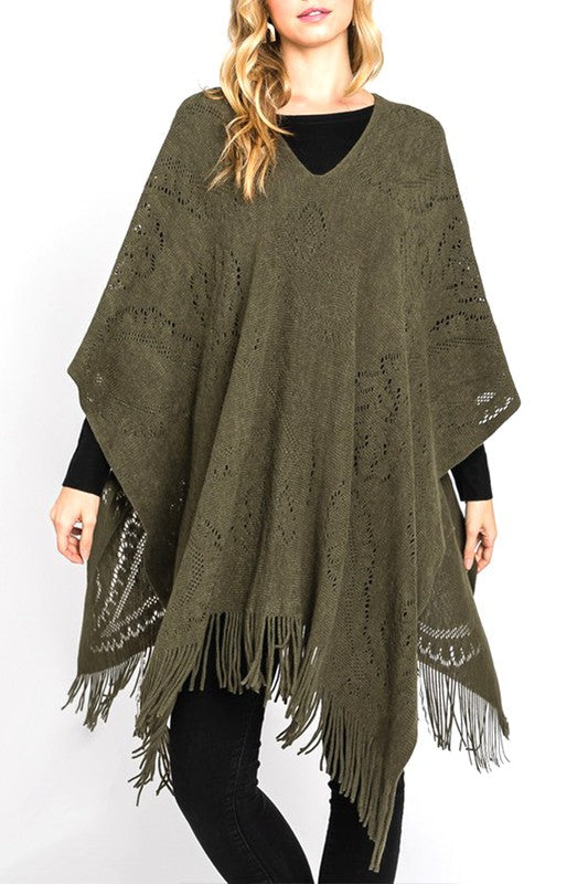 Paisley Pattern Perforated Long Knit Poncho Artini Accessories