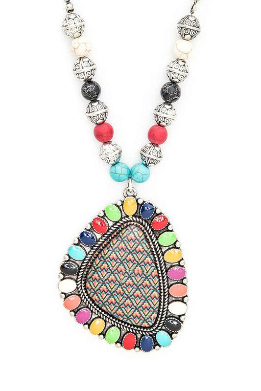 Aztec Printed Large Pendant Necklace and Earrings Set