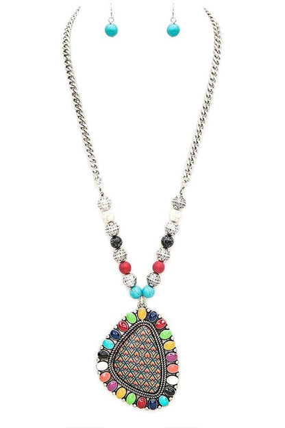 Aztec Printed Large Pendant Necklace and Earrings Set LA Jewelry Plaza