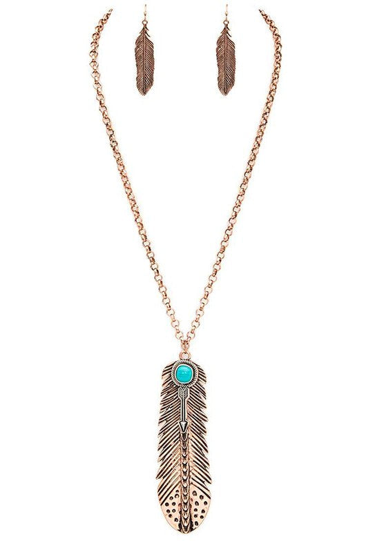 Vintage Large Feather Pendant Necklace and Earrings Set LA Jewelry Plaza