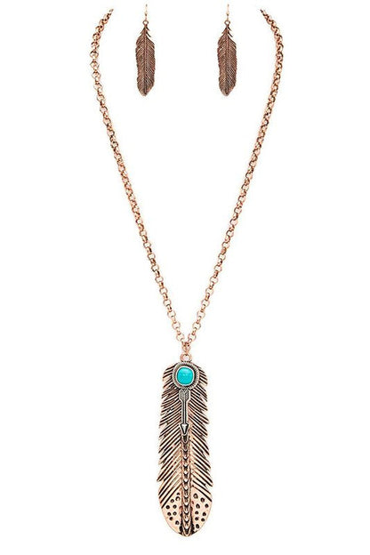Vintage Large Feather Pendant Necklace and Earrings Set LA Jewelry Plaza