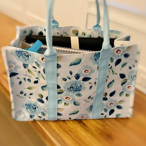 Bloom Blue Floral Couture Tote with Zipped Inside Pocket and Snap Closure