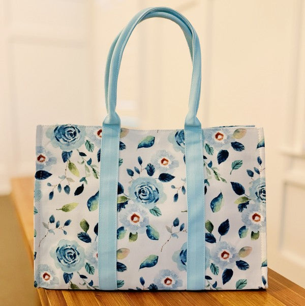 Bloom Blue Floral Couture Tote with Zipped Inside Pocket and Snap Closure