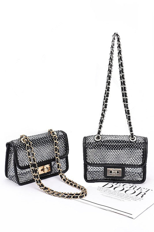 Rhinestone Mesh Turn Lock Iconic Shoulder Bag