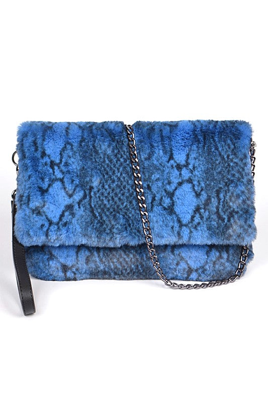 Faux Shearling Snake Print Shoulder Bag