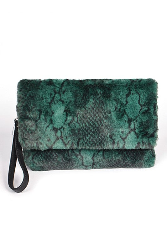 Faux Shearling Snake Print Shoulder Bag