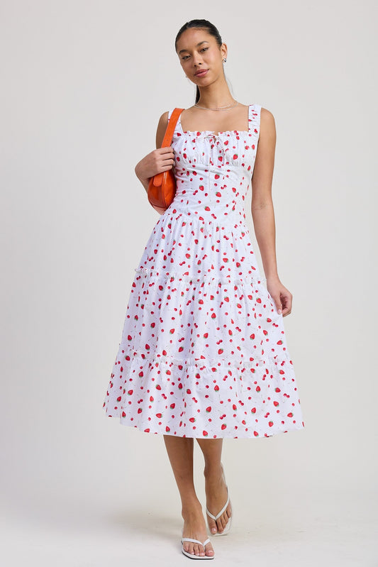 Poplin Midi A-Line Strawberry Print Dress Emory Park