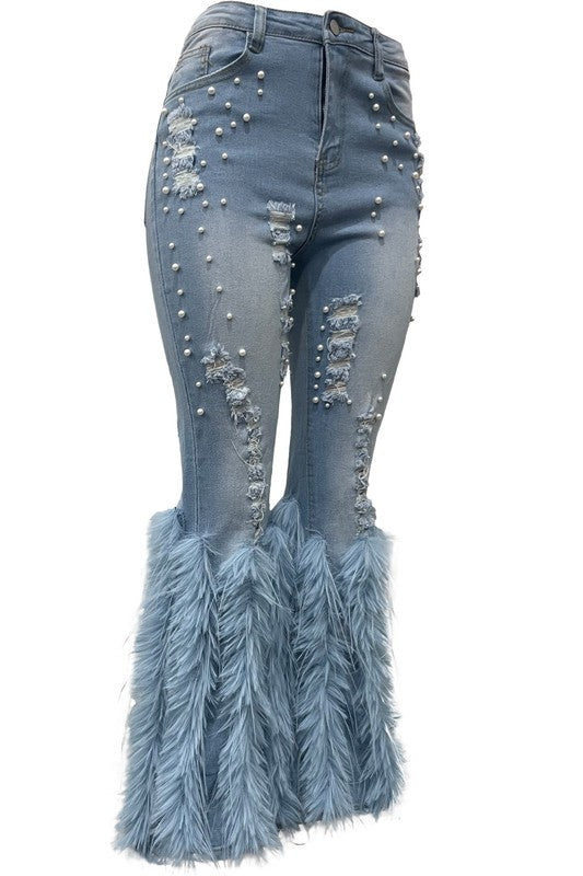 Feathers and Pearls Embellished Distressed Jeans