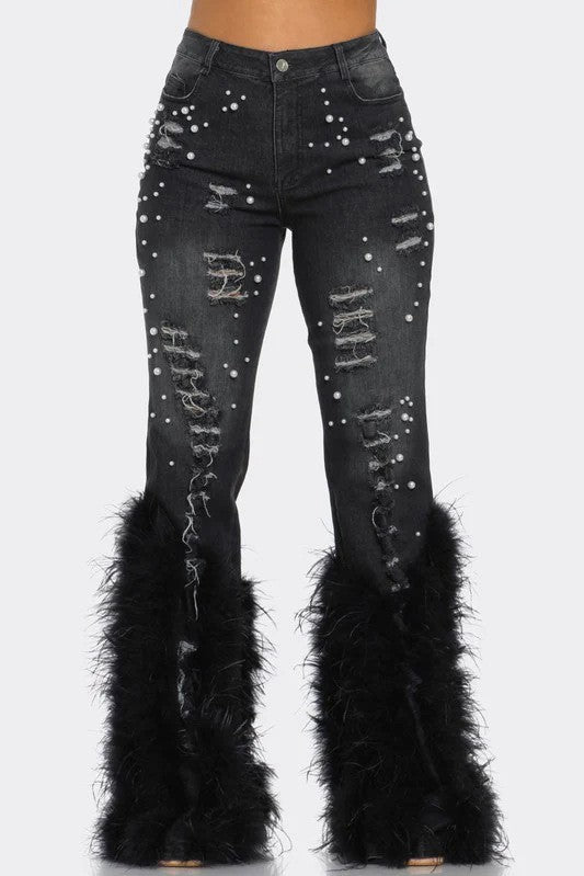 Feathers and Pearls Embellished Distressed Jeans